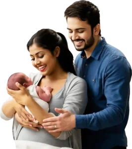 Happy parents holding their newborn baby at Mother’s Care Women’s and Fertility Hospital in Chennai