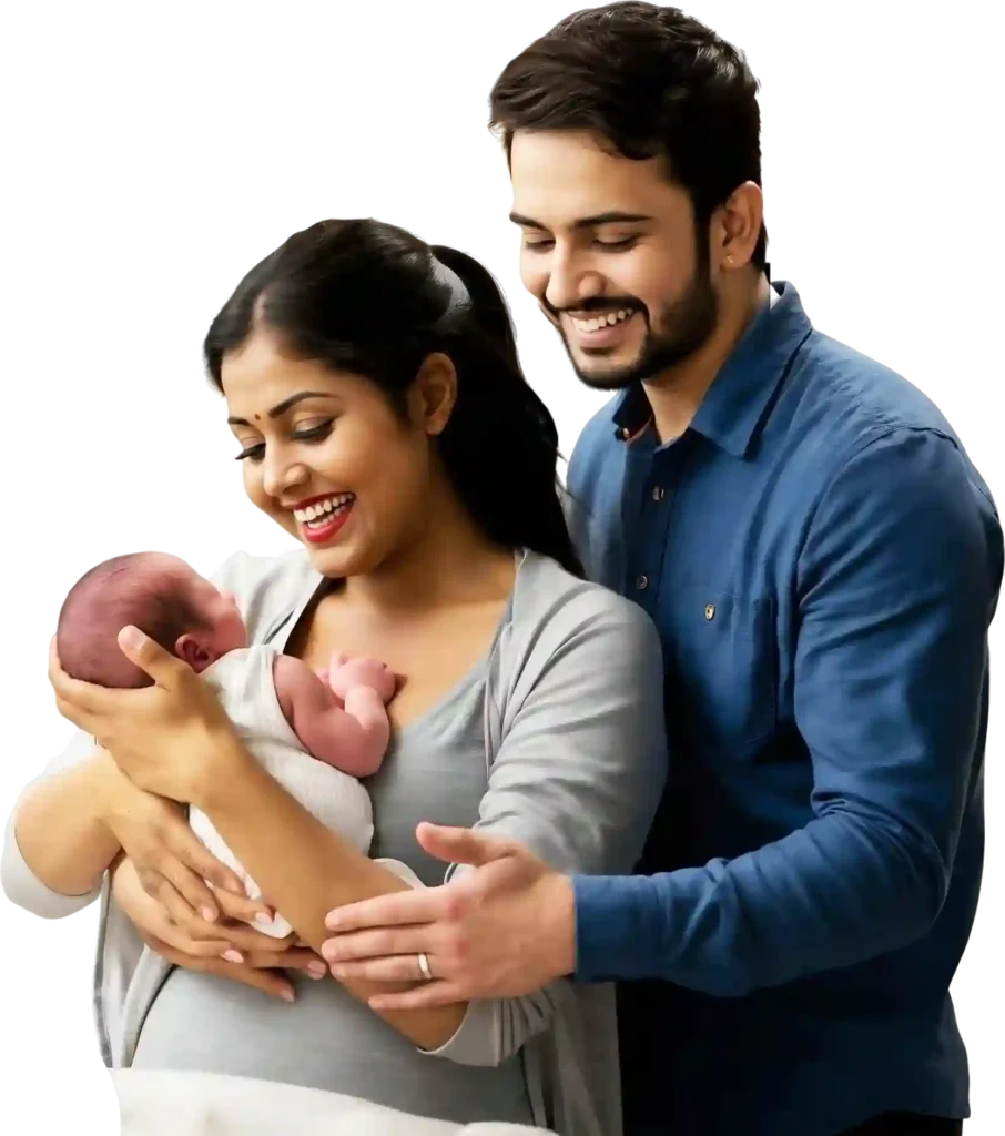 Happy parents holding their newborn baby at Mother’s Care Women’s and Fertility Hospital in Chennai