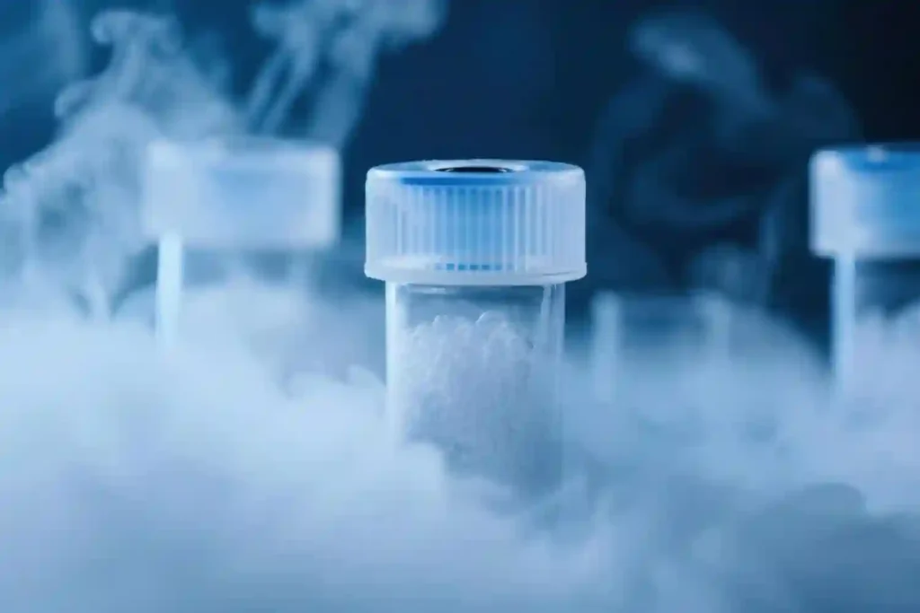 Cryopreservation vial stored in liquid nitrogen for embryo, sperm, or egg freezing
