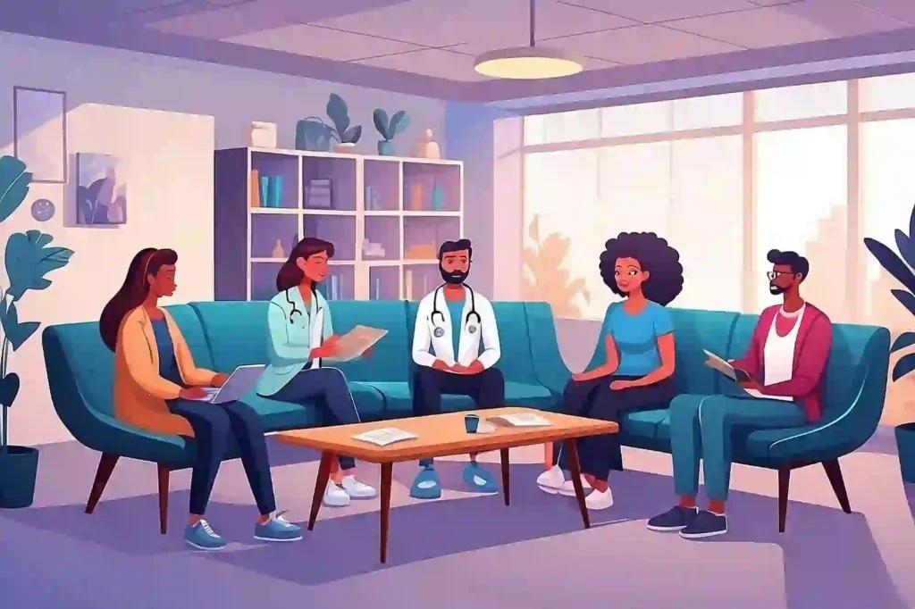 Illustration of doctors and patients having a discussion in a hospital consultation room.