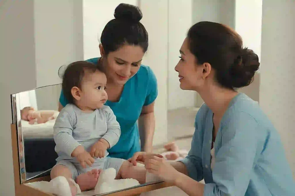Happy mother and caregiver bonding with a baby during postnatal care at home.