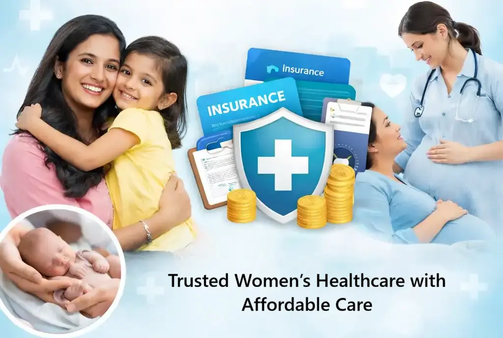 Pregnant woman consulting a female doctor with mother and child image representing affordable women’s healthcare and insurance supported maternity care.